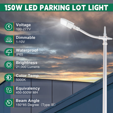 LFD Lighting 150W White Housing LED Parking Lot Light-140 LM/W-AC 100~277V-300W Metal Halide Equivalent-CCT 5000K-DLC 5.1+UL Listed