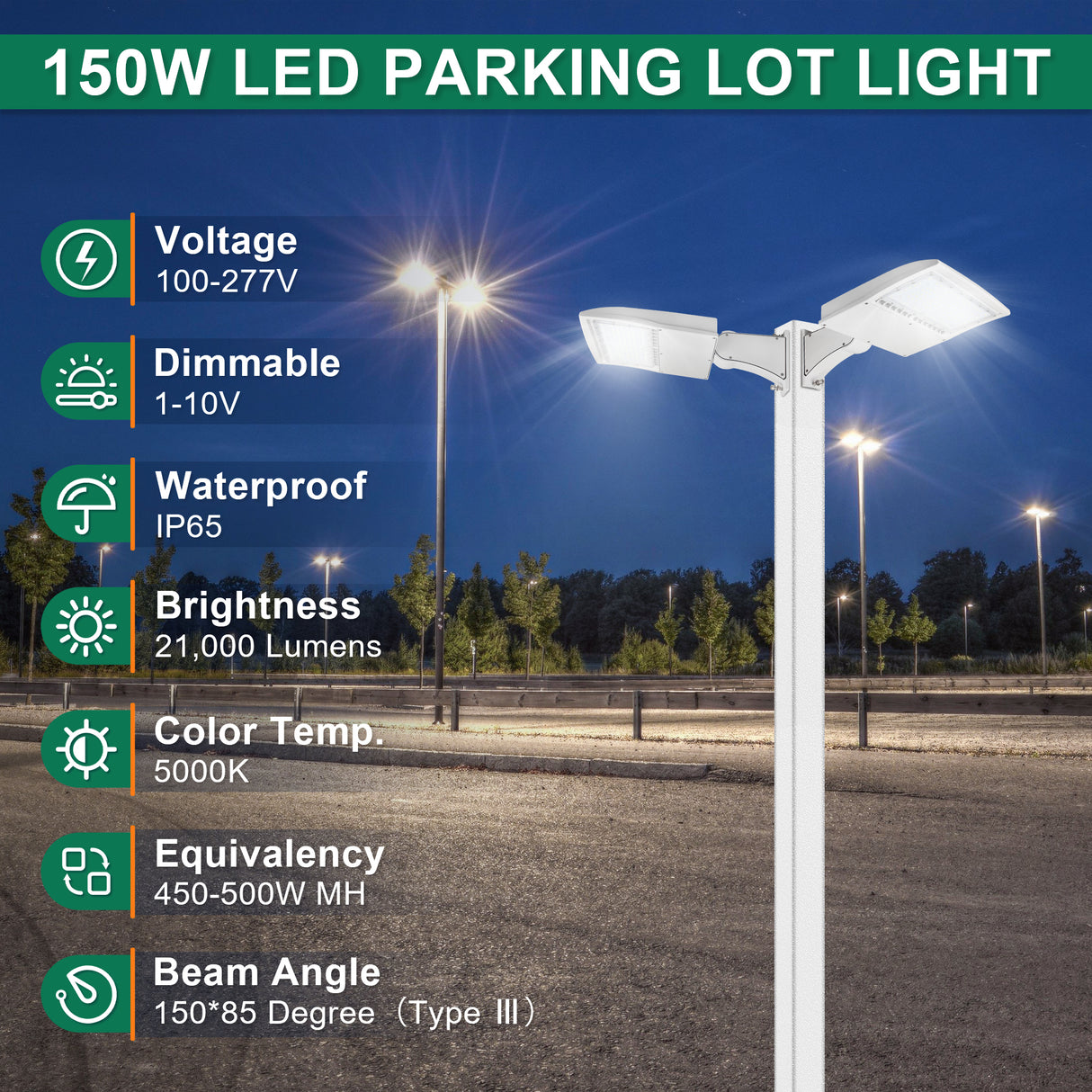 LFD Lighting 150W White Housing LED Parking Lot Light-140 LM/W-AC 100~277V-300W Metal Halide Equivalent-CCT 5000K-DLC 5.1+UL Listed