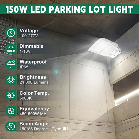 LFD Lighting 150W White Housing LED Parking Lot Light-140 LM/W-AC 100~277V-300W Metal Halide Equivalent-CCT 5000K-DLC 5.1+UL Listed