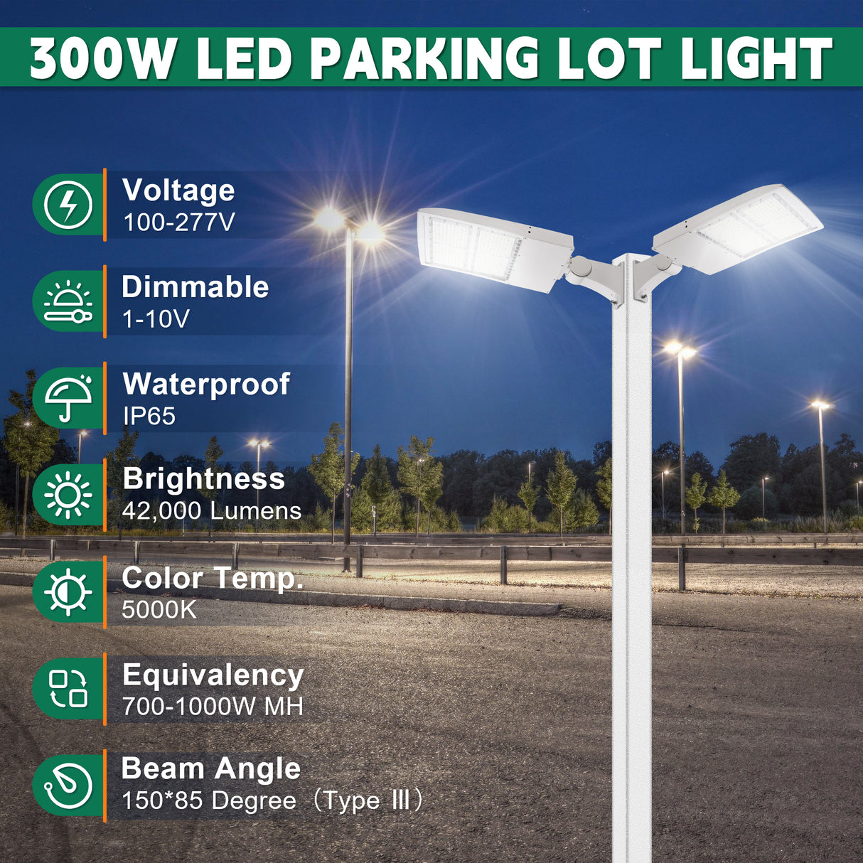 LFD Lighting 300W White LED Parking Lot Light-42,000 Lumens-AC 100~277V-Slip Fitter Mount-1000W Metal Halide Equivalent-5000K-DLC UL Listed