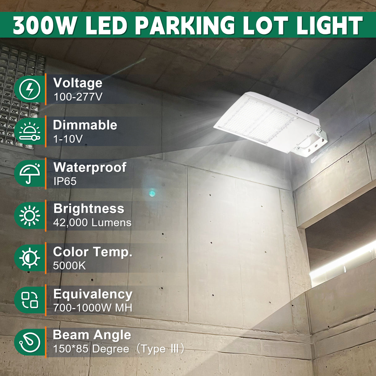 LFD Lighting 300W White LED Parking Lot Light-42,000 Lumens-AC 100~277V-Slip Fitter Mount-1000W Metal Halide Equivalent-5000K-DLC UL Listed