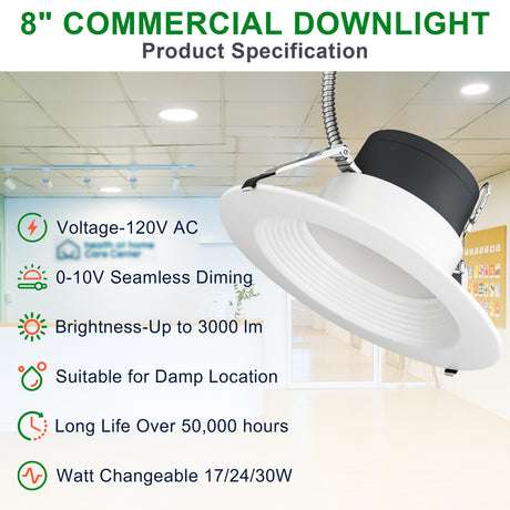 LFD Lighting 8 inch 17/24/30W Commercial Recessed Downlight-5CCT 2700K/3000K/3500K/4000K/5000K Selectable-0~10V Dimmable