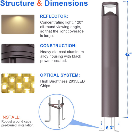 LFD Lighting 42inch 24W LED Bollard Light-3CCT 3000K/4000K/5000K Tunable-AC 120-277V-Brownz Color-UL& DLC Listed