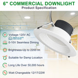 LFD Lighting 6'' LED Commercial Downlight-12/17/22W Selectable-5CCT 2700K/3000K/3500K/4000K/5000K Selectable-5 Years Warranty-0~10V Dimmable