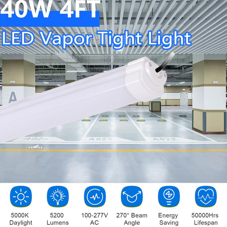 LFD Lighting 6 Pack 4FT 40W LED Triproof Light Fixtures – 120W Fluorescent Garage Lighting Replacement Vapour Proof–CCT 5000K Daylight-UL DLC Listed