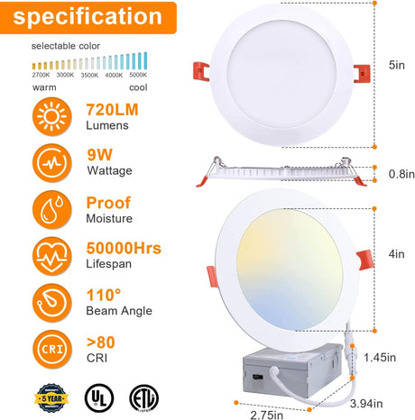 40 Pack 4inch 9W LED Recessed Light Slim with Junction Box-5CCT 2700K~5000K Selectable LED Slim Downlight, IC Rated 9W 720LM 80W Eqv-ETL & Energy Star