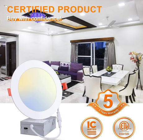 40 Pack 4inch 9W LED Recessed Light Slim with Junction Box-5CCT 2700K~5000K Selectable LED Slim Downlight, IC Rated 9W 720LM 80W Eqv-ETL & Energy Star