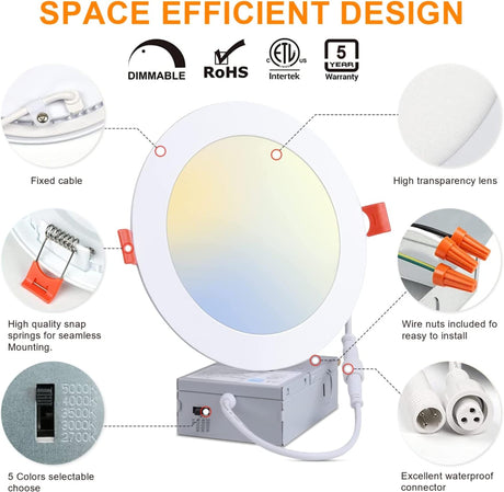 40 Pack 4inch 9W LED Recessed Light Slim with Junction Box-5CCT 2700K~5000K Selectable LED Slim Downlight, IC Rated 9W 720LM 80W Eqv-ETL & Energy Star