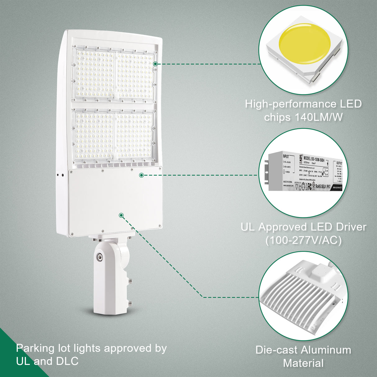 LFD Lighting 300W White LED Parking Lot Light-42,000 Lumens-AC 100~277V-Slip Fitter Mount-1000W Metal Halide Equivalent-5000K-DLC UL Listed