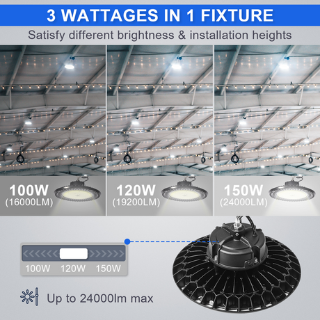 LFD Lighting 100W/120W/150W Wattage Selectable UFO High Bay Light-CCT 5000K- 160 lm/w-AC 100~277V-Black Finish-DLC 5.1+ ETL Listed