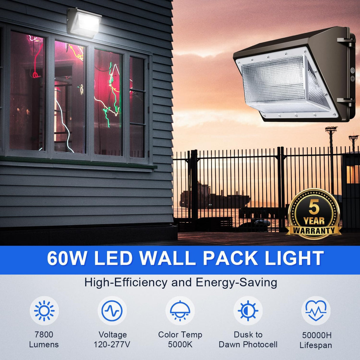 60W LED Wall Pack-Universal Photocell-7800 Lumens-175W Metal Halide Equivalent -CCT 5000K-DLC 5.1+ETL Listed