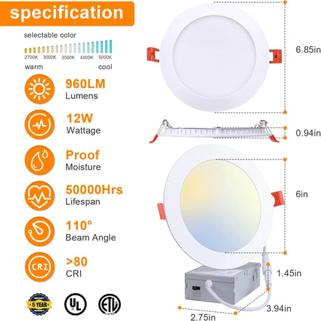 30 Pack-6 inch Ultra-Thin LED Recessed Downlight-Canless-Selectable CCT-Dimmable-2700K/3000K/3500K/4000K/5000K-5 Years Warranty