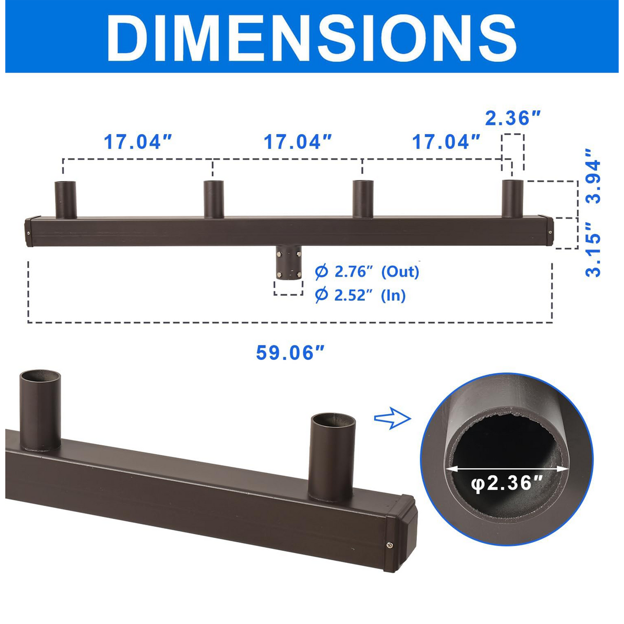 180 Degree Low Profile Bullhorn with 4 Arms-180 Degree Vertical Tenon Bullhorn Bracket for 4 Lights, 2-3/8 in Slip Fitter Light Mounting for Parking Lot Pole Bracket Dark Bronze Heavy Steel