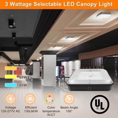 LFD Lighting 40/60/80W Selectable-CCT 3500K/4000K/5000K Selectable Canopy Light For Parking Garage Lighting-Twist In Sensor-DLC Listed