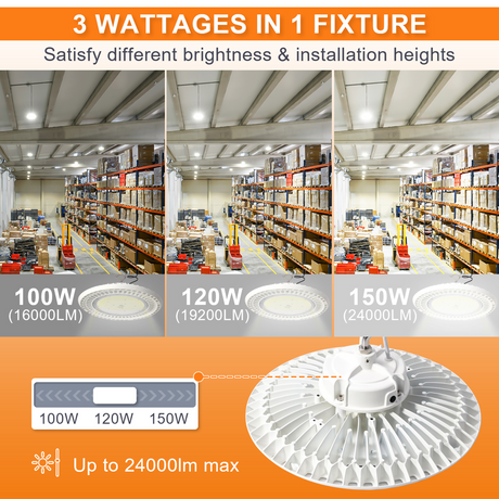 LFD Lighting White UFO High Bay Light-100W/120W/150W-Wattage Selectable-AC 100~277V - 160 lm/w-Dimmable-ETL+DLC 5.1