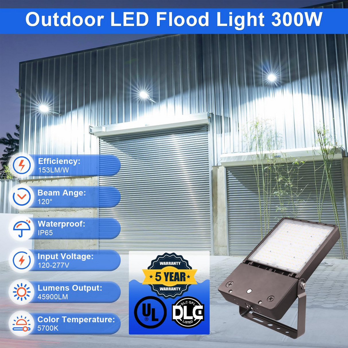 LFD Lighting 300W Led Flood Light-Area Light-45,000 Lumens-AC 120~277V-CCT 5700K-UL-5 years warranty