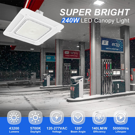 LFD Lighting 240W LED Canopy Gas Station Light-Color Temperature-CCT 5700K-Surface Mount-Lumen Output 43200 Lumens (1000W HID/HPS Replacement)  IP65 Waterproof 120-277V-DLC UL Listed