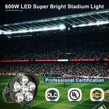 600W LED Sport Light-Stadium Light-Beam Angle 38 Degree-78,000 Lumens-AC 100~277V or 277~480V-CCT 5000K-DLC 5.1 Listed-5 Years Warranty