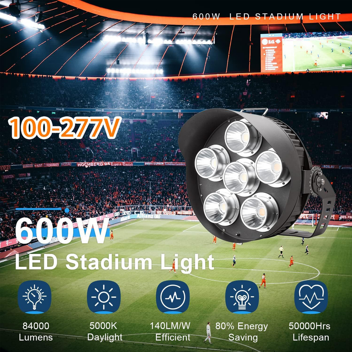 600W LED Sport Light-Stadium Light-Beam Angle 38 Degree-78,000 Lumens-AC 100~277V or 277~480V-CCT 5000K-DLC 5.1 Listed-5 Years Warranty