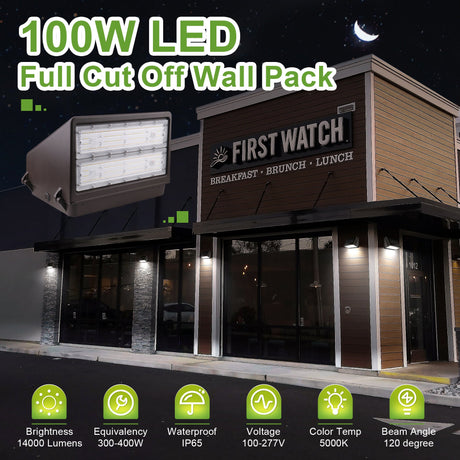 LFD Lighting 100W LED Full Cut OffWall Pack Light 13700LM 5000K-With Photocell-Replace 400 watt Metal halide/HPS- IP65-UL+DLC Listed