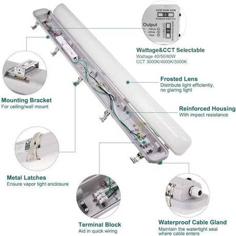 6 Pack-4FT LED Vapor Tight Light,Wattage 30W/40W 60W CCT 3000K/4000K/5000K LED Vapor Proof 4ft Light Fixture for Cold Storage Facilities, Car Washes, Parking Garages, ETL Listed